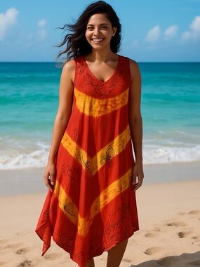 Cute Options Orange Tie Dye Boho Beach Festival sleeveless Dress Size: One Size‎